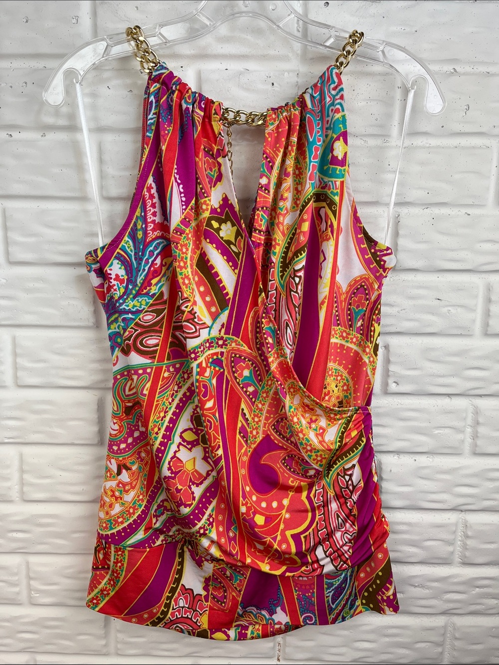 CACHÉ Y2K VINTAGE HALTER BLOUSE CHAIN COLLAR FAUX WRAP COLORFUL PAISLEY SZ LG - Picture 12 of 12